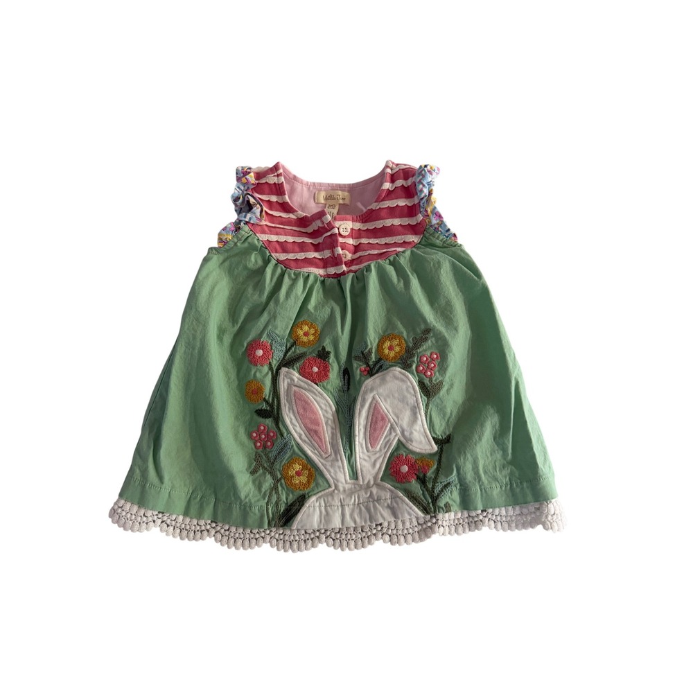 Matilda Jane Baby Girl Bunny Embroidered Dress Green Pink Stripe 6-12M Easter